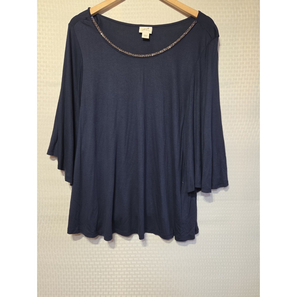 Jaclyn Smith Collection Navy Embellished Scoop Neck Poncho Style Top XL‎ 100%...
